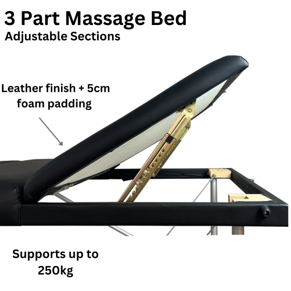 Three-part massage bed with leather finish and 5 cm foam padding, shown open to reveal adjustable sections; supports up to 250 kg.