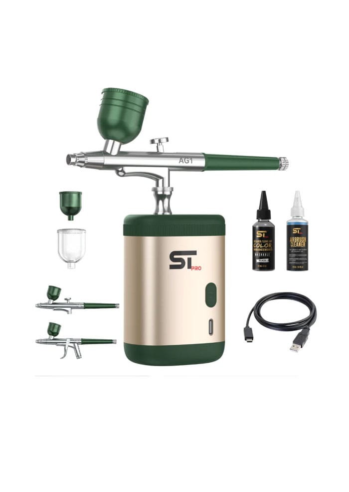 Airbrush-Gun-kit-Greenjpg – Rapple Complete airbrush kit with compact compressor, green-and-gold unit, spray gun, color cups, cleaning bottles, and USB power cable.