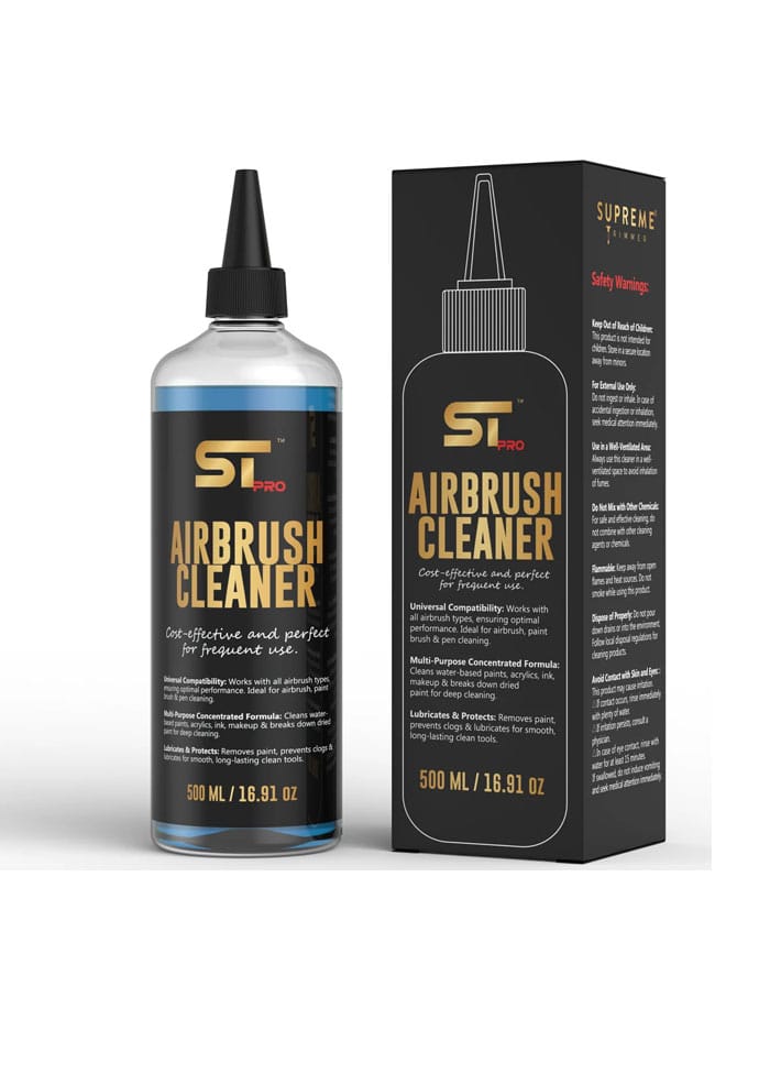 Airbrush-cleanerjpg โ Rapple Bottle and matching box labeled 'Airbrush Cleaner' for airbrush maintenance, 500 ml / 16.91 oz, black with gold text.