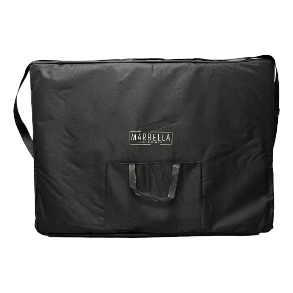Bag_-_2-1jpg – Rapple Black rectangular carrying case with two top handles and a small front pocket, featuring a Marbella logo.
