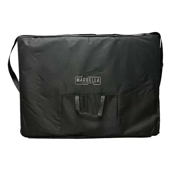 Black rectangular carrying case with two top handles and a small front pocket, featuring a Marbella logo.