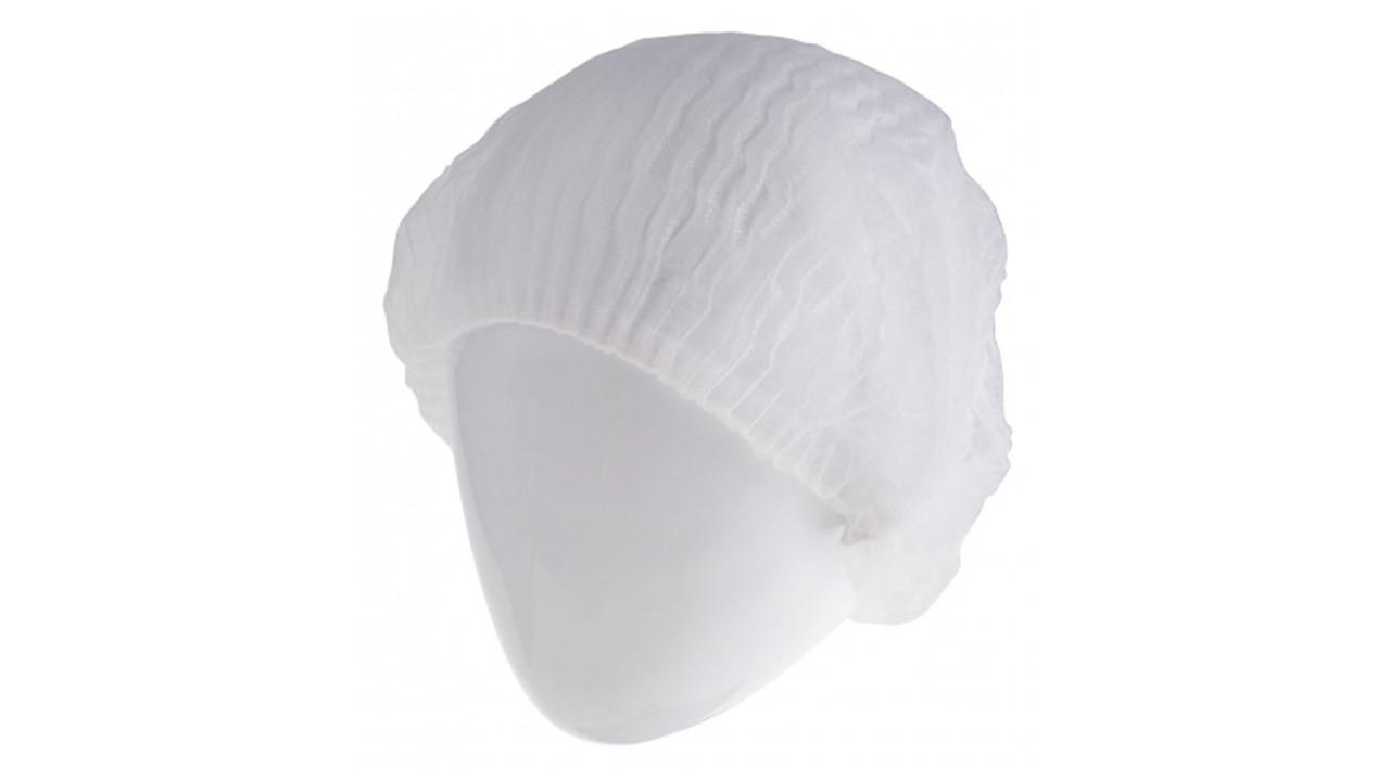 Bouffant_Mop_Caps_White_100pcjpg – Rapple White disposable hairnet worn over a head form for hair containment (bouffant style).
