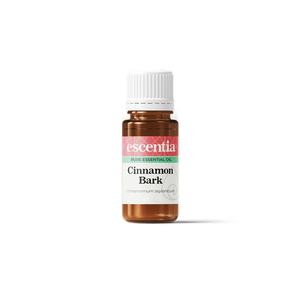 Cinnamon_Leafjpg – Rapple Bottle of Escentia pure cinnamon bark essential oil with white cap and amber glass, label reads Cinnamon Bark.