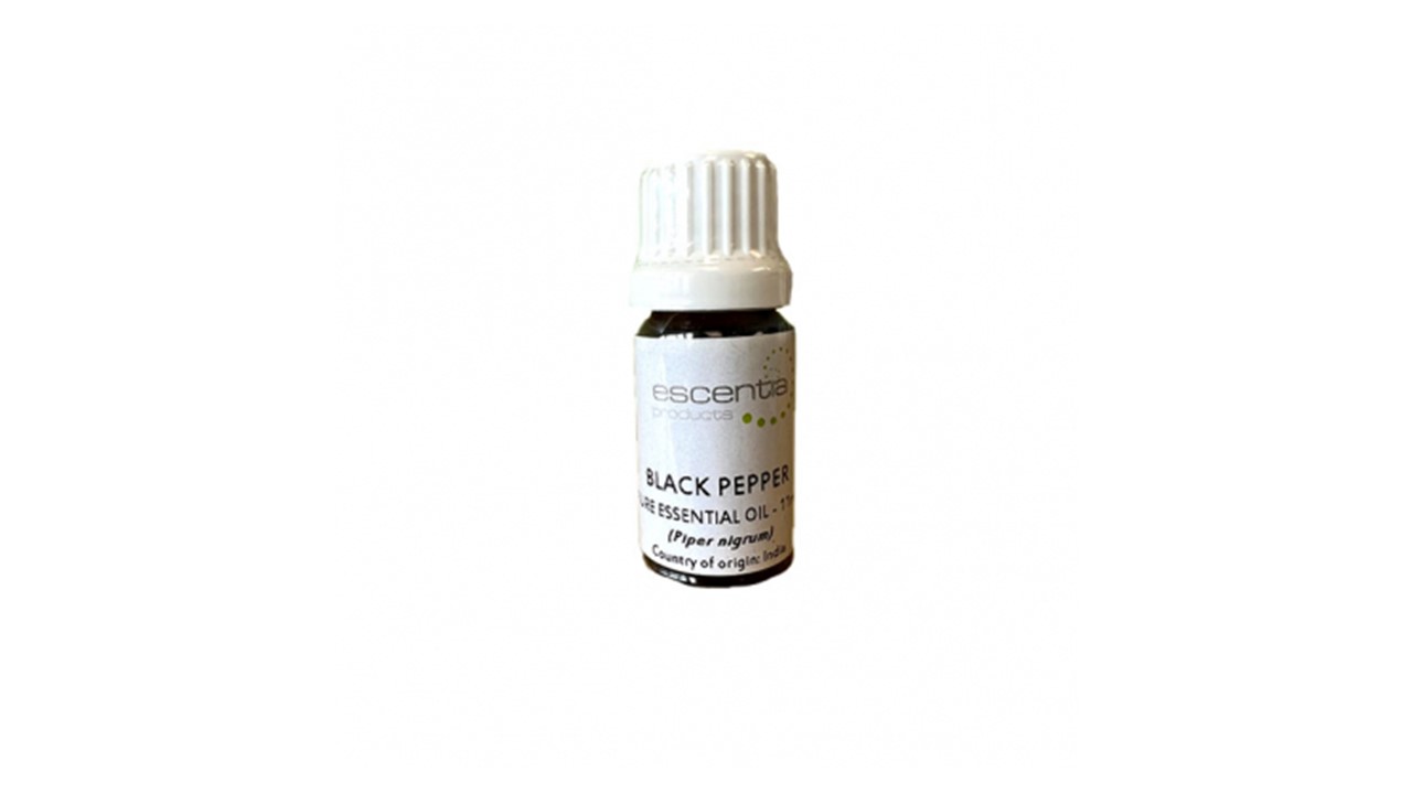 Essentia_Essential_Oil_Black_Pepper_11mljpg โ Rapple Small dark glass essential oil bottle with a white cap, label reading 'BLACK PEPPER' (Piper nigrum).