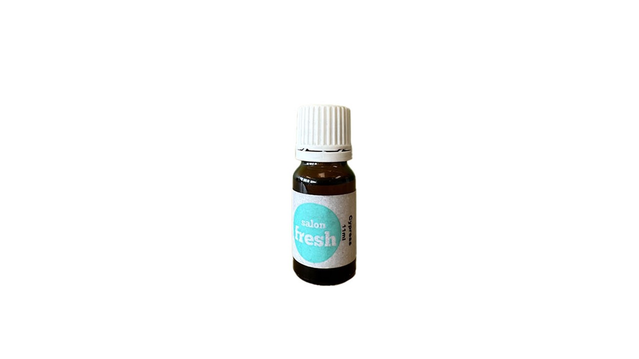 Essential_Oil_Cypress_11mljpg โ Rapple Small brown bottle with a white screw cap and a turquoise 'fresh' label on the front, set against a white background.