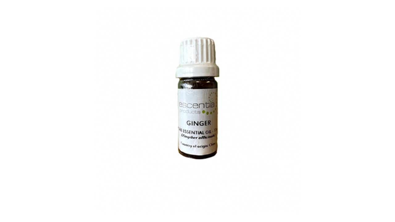 Essential_Oil_Ginger_11mljpg – Rapple Small amber bottle of ginger essential oil with a white cap and label reading Ginger