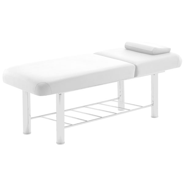 FFFPLIMRB041-1-1jpg – Rapple White massage table with padded top, headrest cushion, and metal frame with lower shelf.