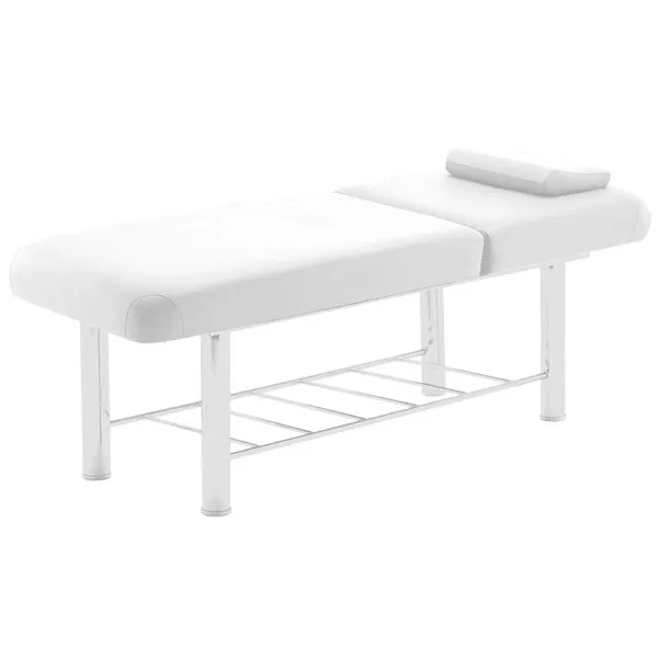White massage table with padded top, headrest cushion, and metal frame with lower shelf.