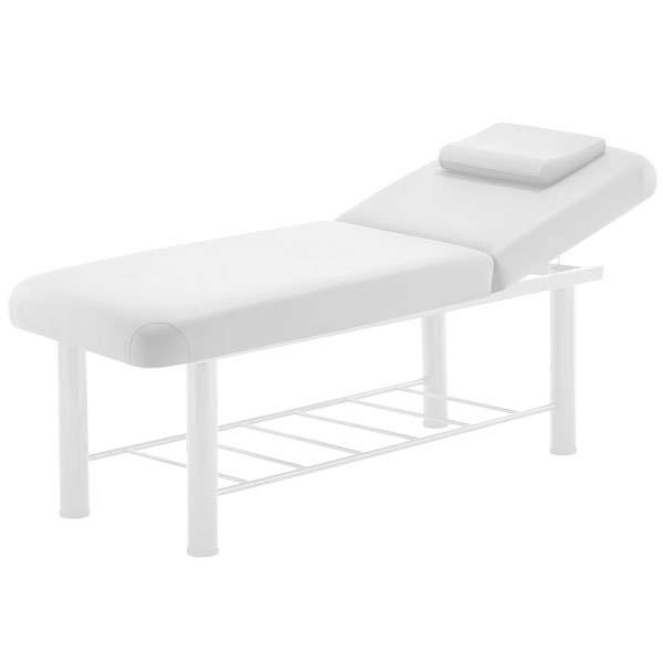 FFFPLIMRB041-1jpg – Rapple White padded therapy/massage table with an adjustable headrest on a metal frame and shelf underneath