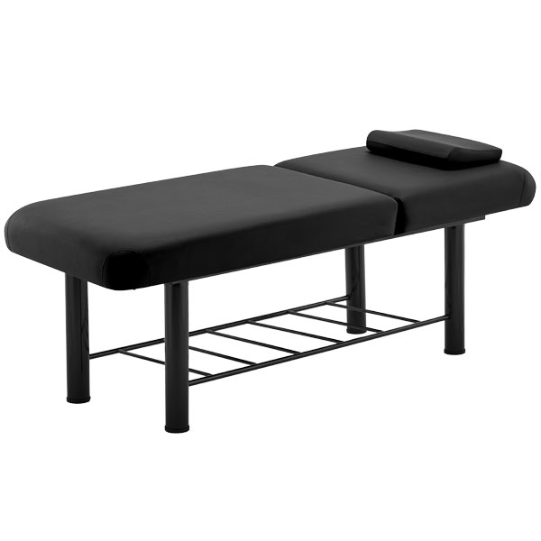 FFFPLIMRB042-1-1jpg – Rapple Black massage table with a padded two-section top, headrest bolster, metal legs, and a lower wire shelf.