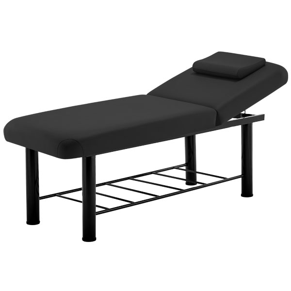 FFFPLIMRB042-1jpg – Rapple Black padded massage table with adjustable headrest and metal lower shelf on thick legs.