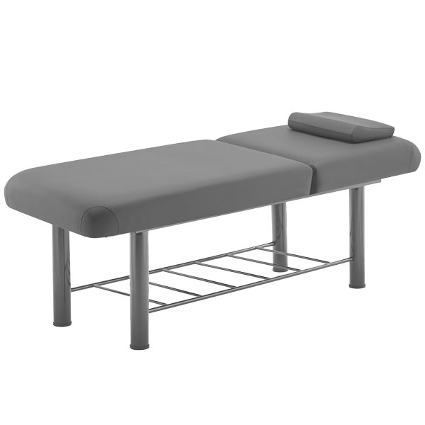 FFFPLIMRB043-1-1jpg – Rapple Gray massage table with padded surface and adjustable headrest, metal frame, and lower wire shelf for towels or supplies