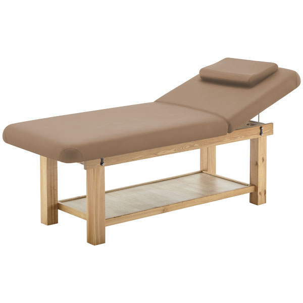 FFFPLIMRB045-1jpg – Rapple Wooden massage table with beige padded surface and adjustable backrest headrest.
