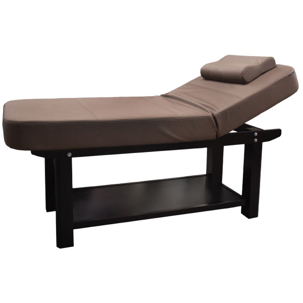FFFPLIMRB048-1jpg โ Rapple Dark wooden-framed massage table with brown padded surface and an adjustable headrest, plus a lower storage shelf under the table surface.