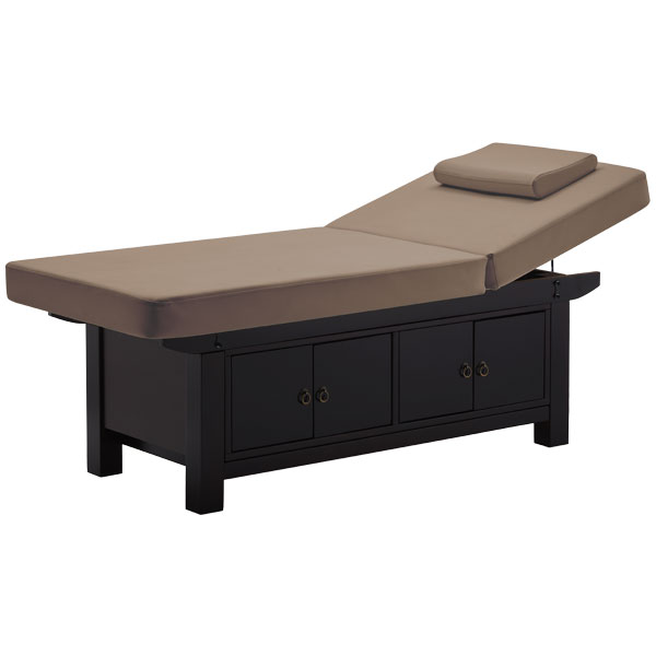 FFFPLIMRB049-1jpg โ Rapple Dark wood massage table with beige padded surface and built-in storage cabinets beneath the table surface.
