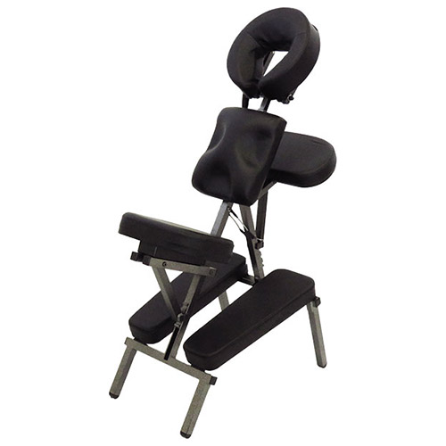 FFFPLIORAL05jpg – Rapple Black portable massage chair with padded face cradle, armrests, and leg supports on a metal frame (used for massage therapy).
