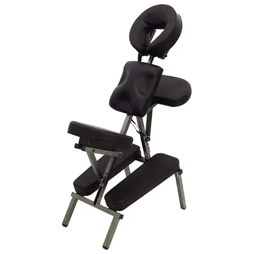 Black portable massage chair with padded face cradle, armrests, and leg supports on a metal frame (used for massage therapy).