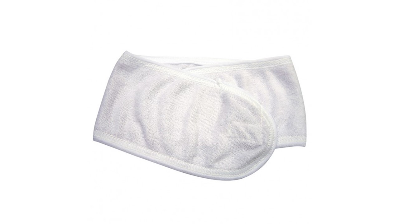 Head_Band_Towelling_with_Velcro_-_Whitejpg – Rapple White fabric sleep mask with a curved, ergonomic shape and soft edges for blocking light