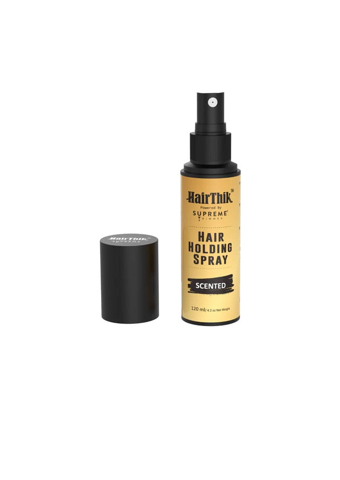 Holding-sprayjpg โ Rapple HairThik Hair Holding Spray bottle with the cap removed, labeled 'Scented', 120 ml