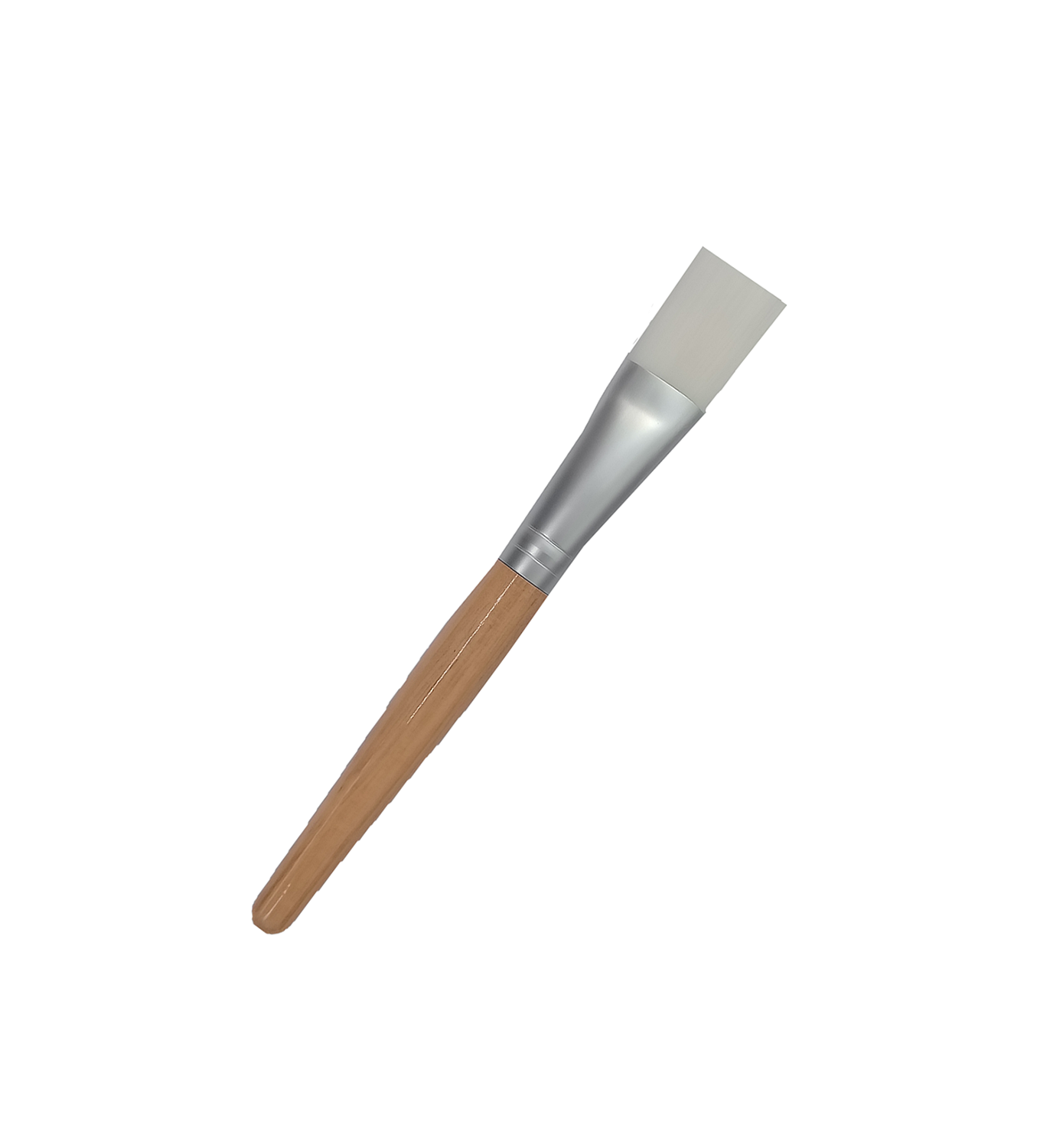 Mask_Brushpng โ Rapple Flat paintbrush with a wooden handle, metal ferrule, and flat white bristles against a white background, angled diagonally.