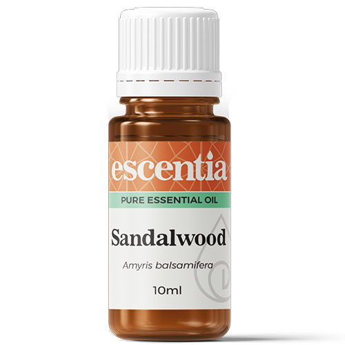 NFBAROSFSL45jpg โ Rapple Amber bottle of sandalwood essential oil with white cap; label shows 'Sandalwood' and 'Amyris balsamifera' (10 ml)