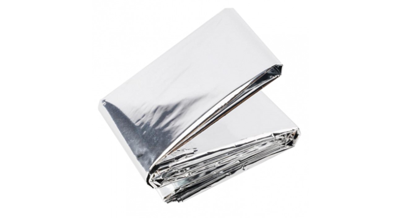 Rescue_Blanketjpg – Rapple A rectangular bundle of shiny aluminum foil, folded and wrapped tightly