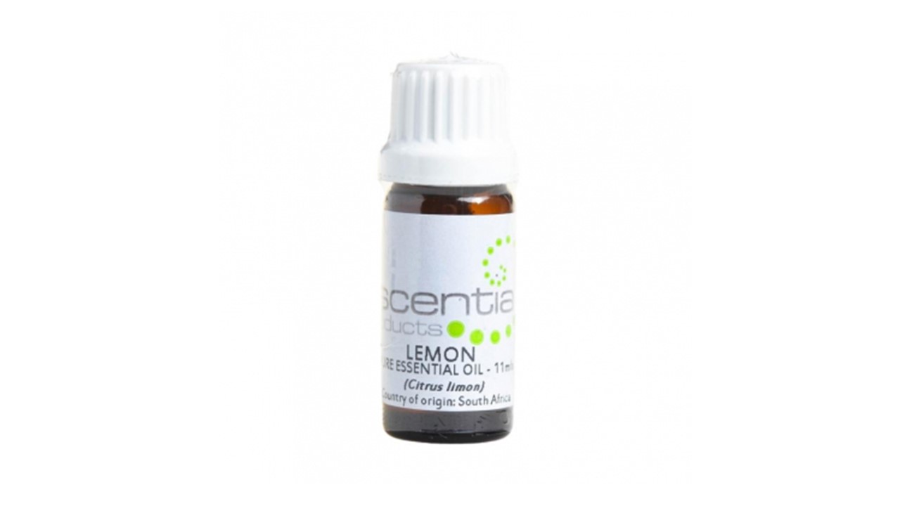 Salon_Fresh_Essential_Oil_Lemon_11mljpg โ Rapple Small amber bottle of lemon essential oil with a white cap and label reading 'LEMON ESSENTIAL OIL' (11 ml).