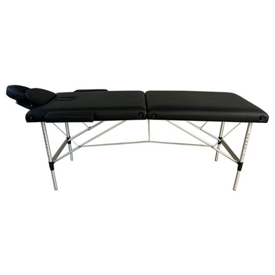 Side_View_1-1png – Rapple Portable massage table with black upholstery, face cradle, and adjustable metal legs.