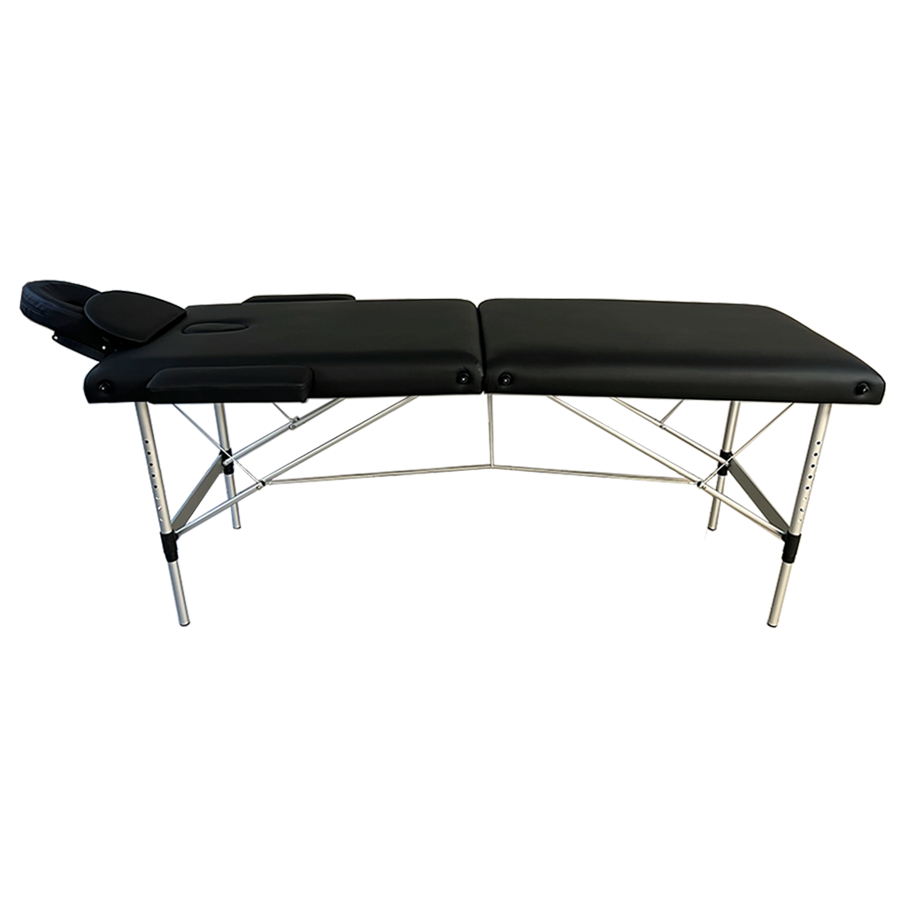 Side_View_1-1png – Rapple Portable massage table with black upholstery, face cradle, and adjustable metal legs.
