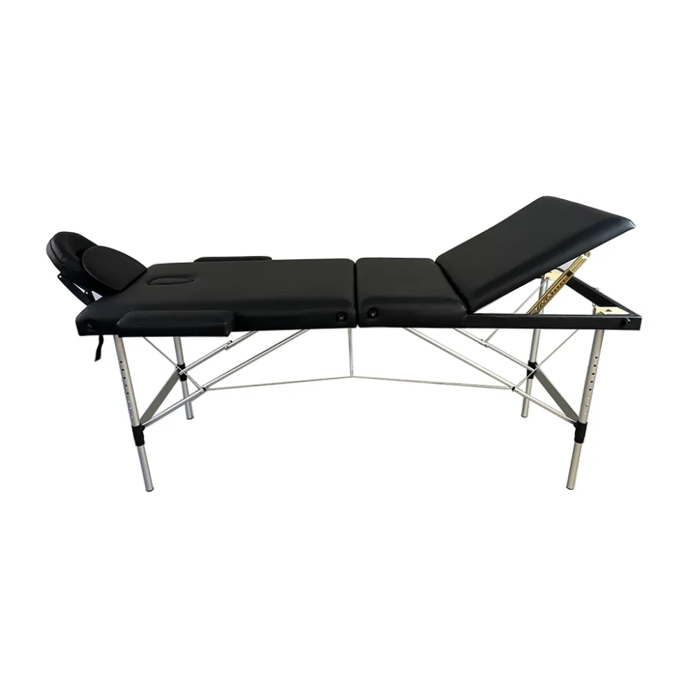Black portable massage table with cushioned surface and adjustable backrest, shown fully extended on metal legs