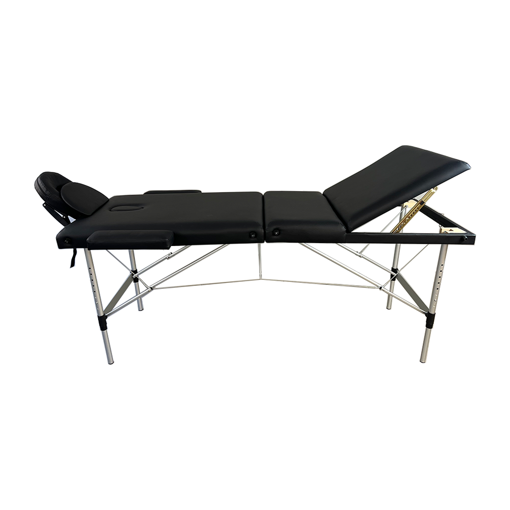 Side_View_1-2png – Rapple Black portable massage table with cushioned surface and adjustable backrest, shown fully extended on metal legs
