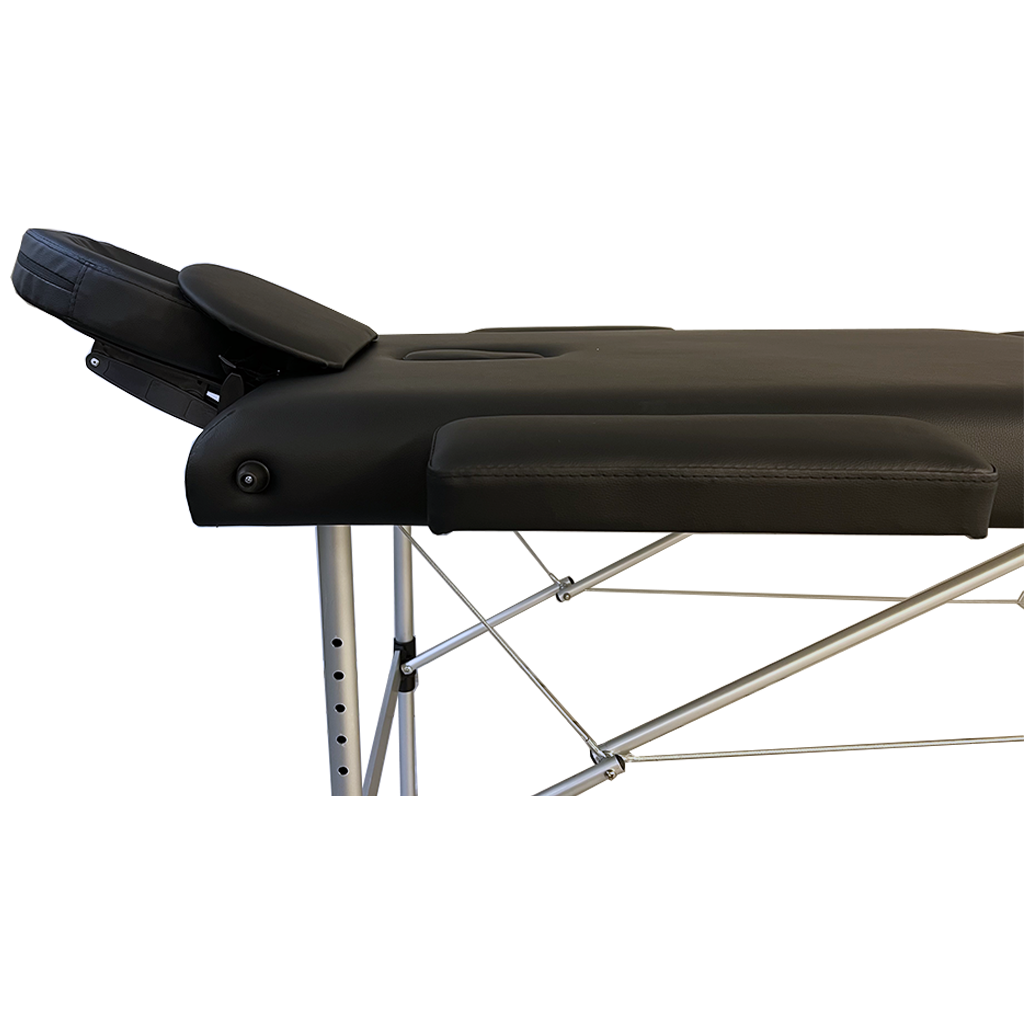 Side_View_2png – Rapple Black massage table with padded top and adjustable headrest, metal frame visible on the side