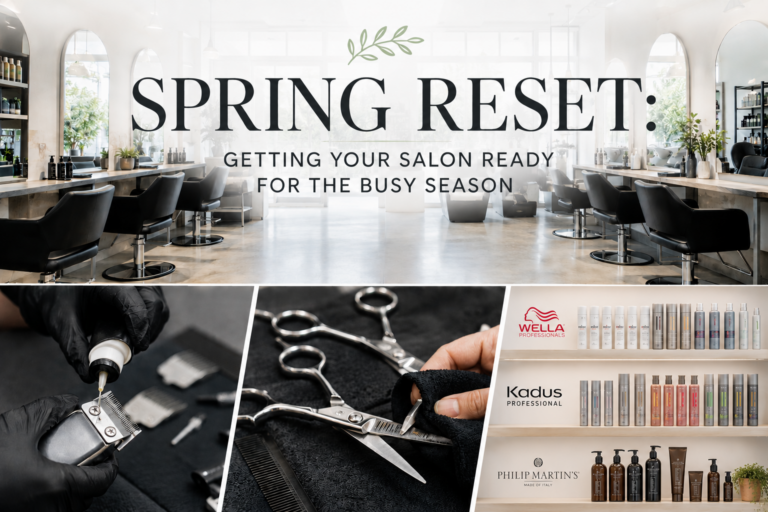 Salon promo banner: 'Spring Reset' with subtitle about prepping your salon for the busy season, featuring styling chairs and product displays in a bright salon interior.