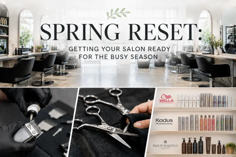 Salon promo banner: 'Spring Reset' with subtitle about prepping your salon for the busy season, featuring styling chairs and product displays in a bright salon interior.