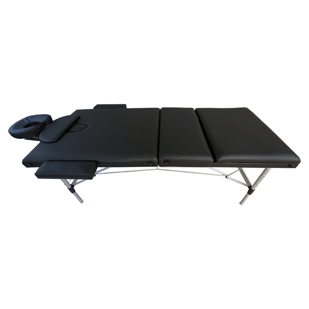 Top_Side_View-1png – Rapple Black folding massage table with padded sections and face cradle, fully extended for a treatment session