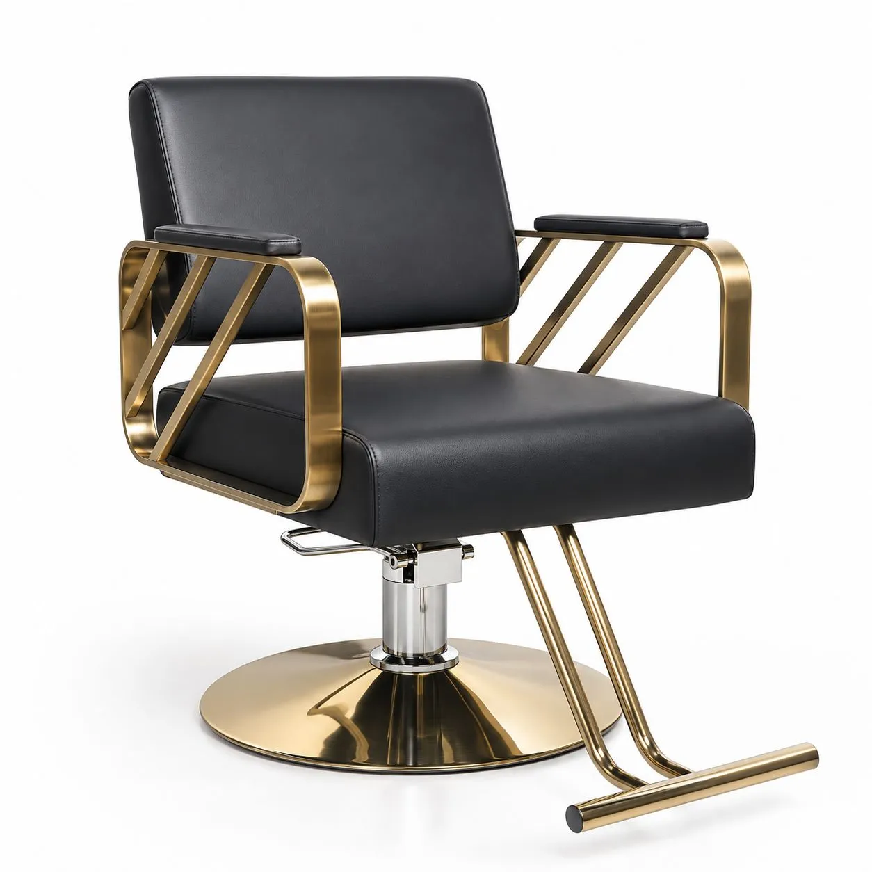 Scarlett Styling Chair – Rapple Elegant black barber chair with gold metal frame, padded armrests, and a round pedestal base on a hydraulic lift.