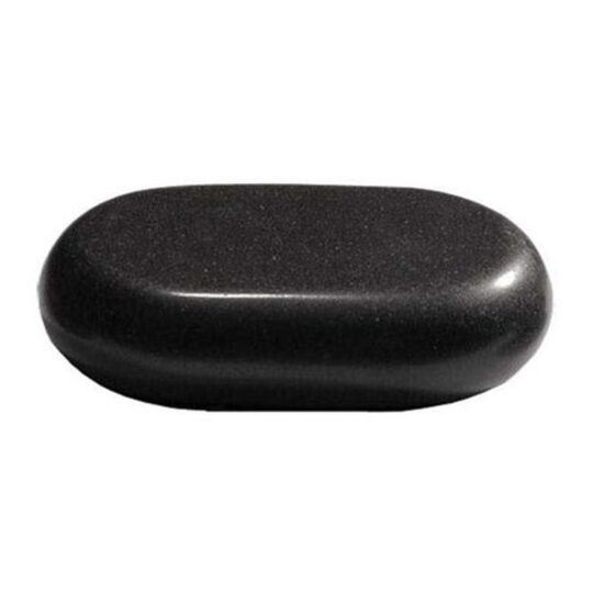 Polished black pebble with smooth, rounded edges on a white background
