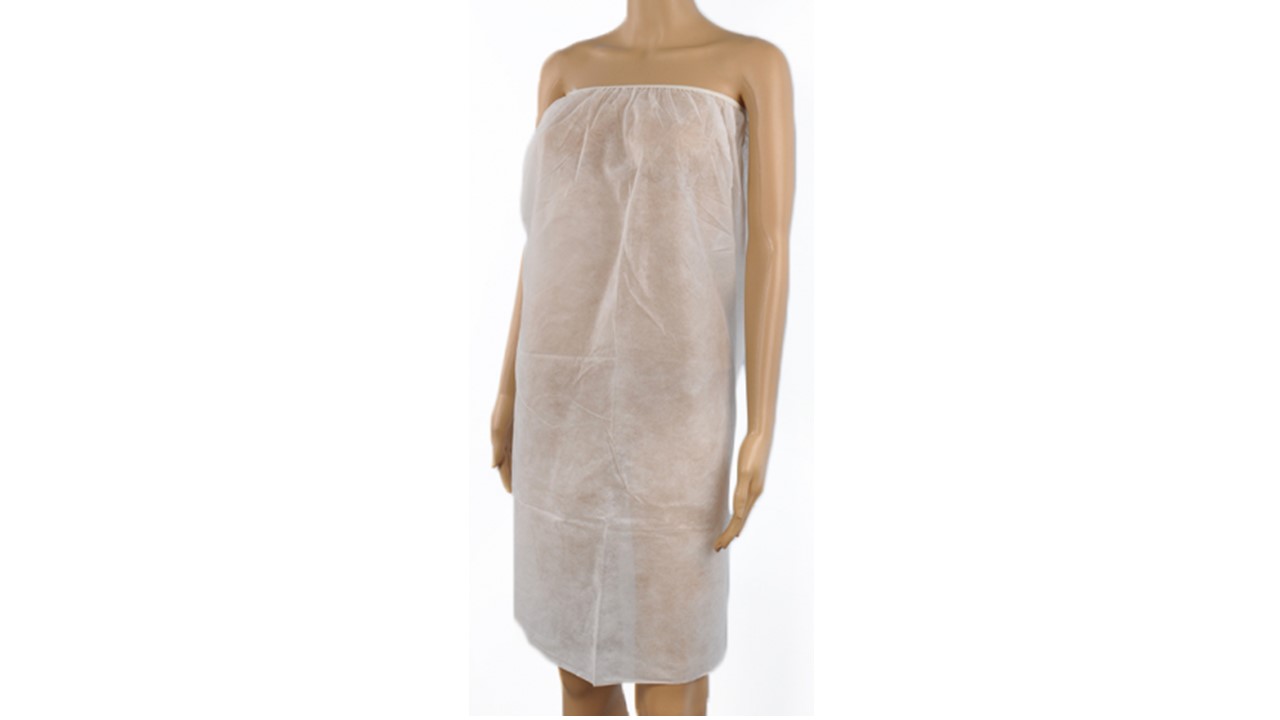 Ylas_Disposable_Strapless_Wrap-around_10pcsjpg – Rapple Mannequin wearing a beige towel wrapped around the body, knee-length bath wrap.