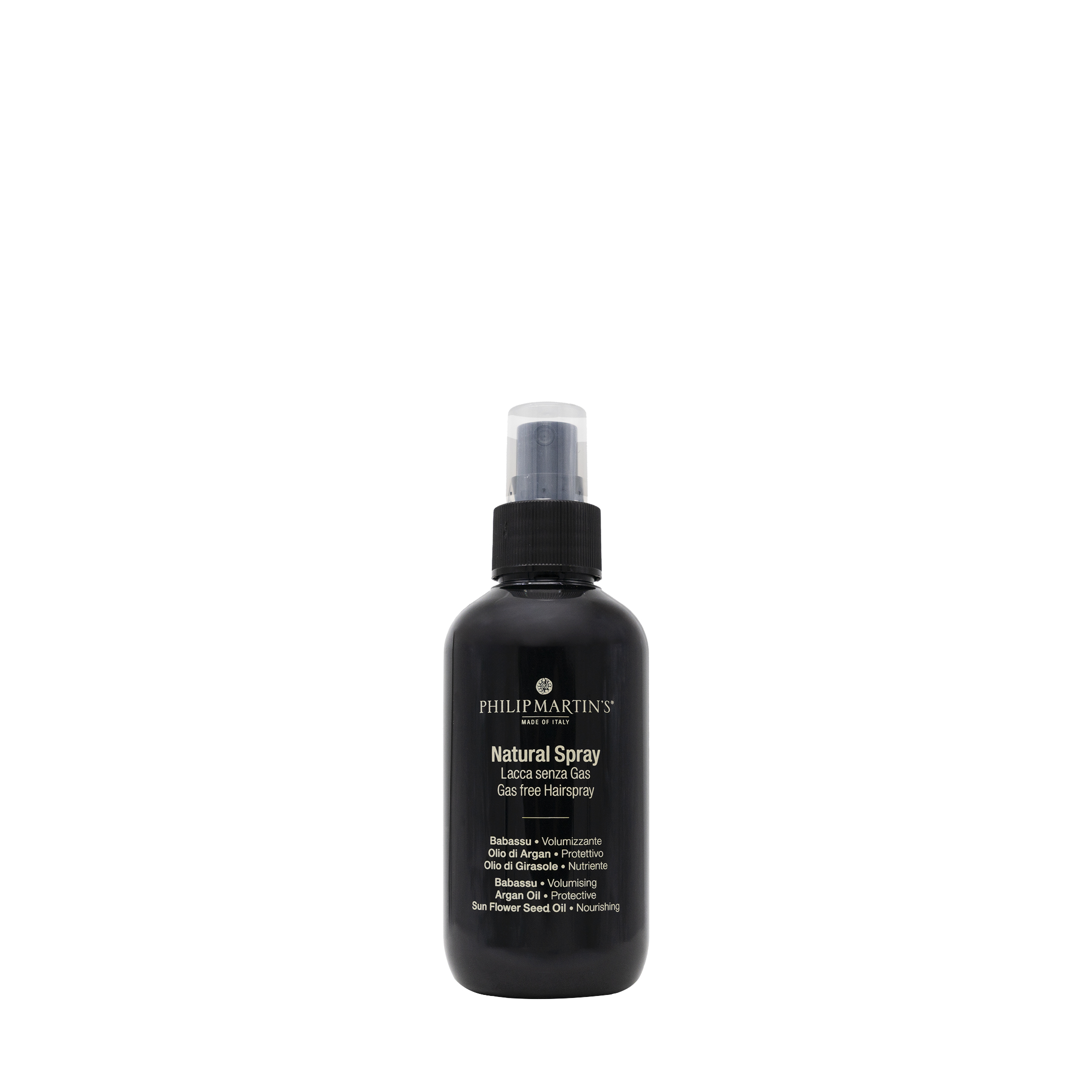 Philip Martins Natural Spray 150ml โ Rapple Vertical shot of a dark glass spray bottle with clear cap and white label reading 'Philip Martin's Natural Spray' (hair spray)