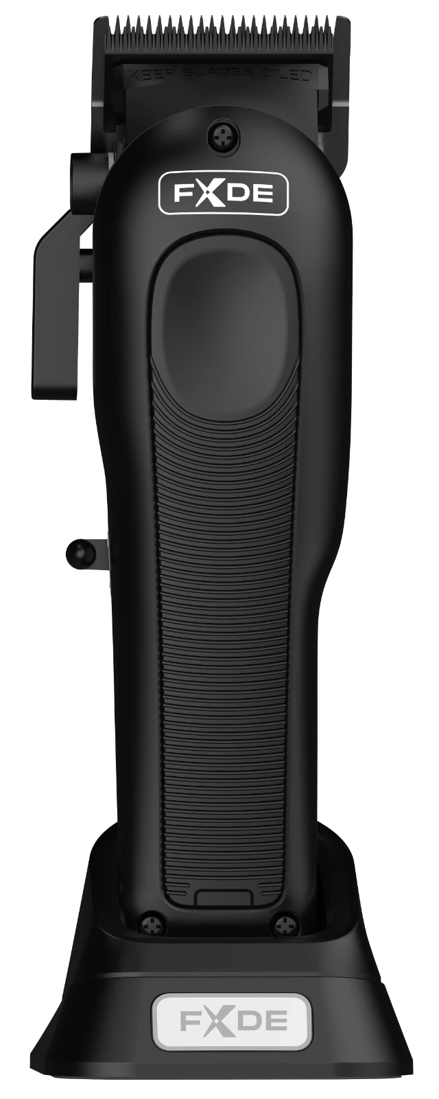 fxde-1780484023338-gmtzwbpj6i7 โ Rapple Black FXDE cordless hair trimmer with adjustable blade and charging base, brand logo visible on the handle.