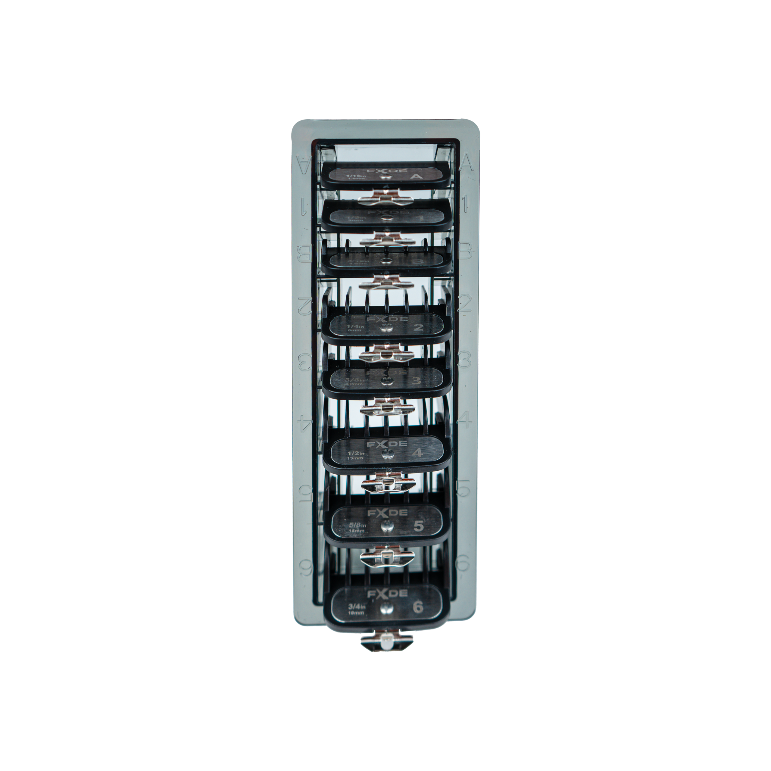 fxde-1780484095219-62do1am2fxcpng – Rapple Vertical rack of hair clipper guards in a stand, each labeled with numbers (1–6).