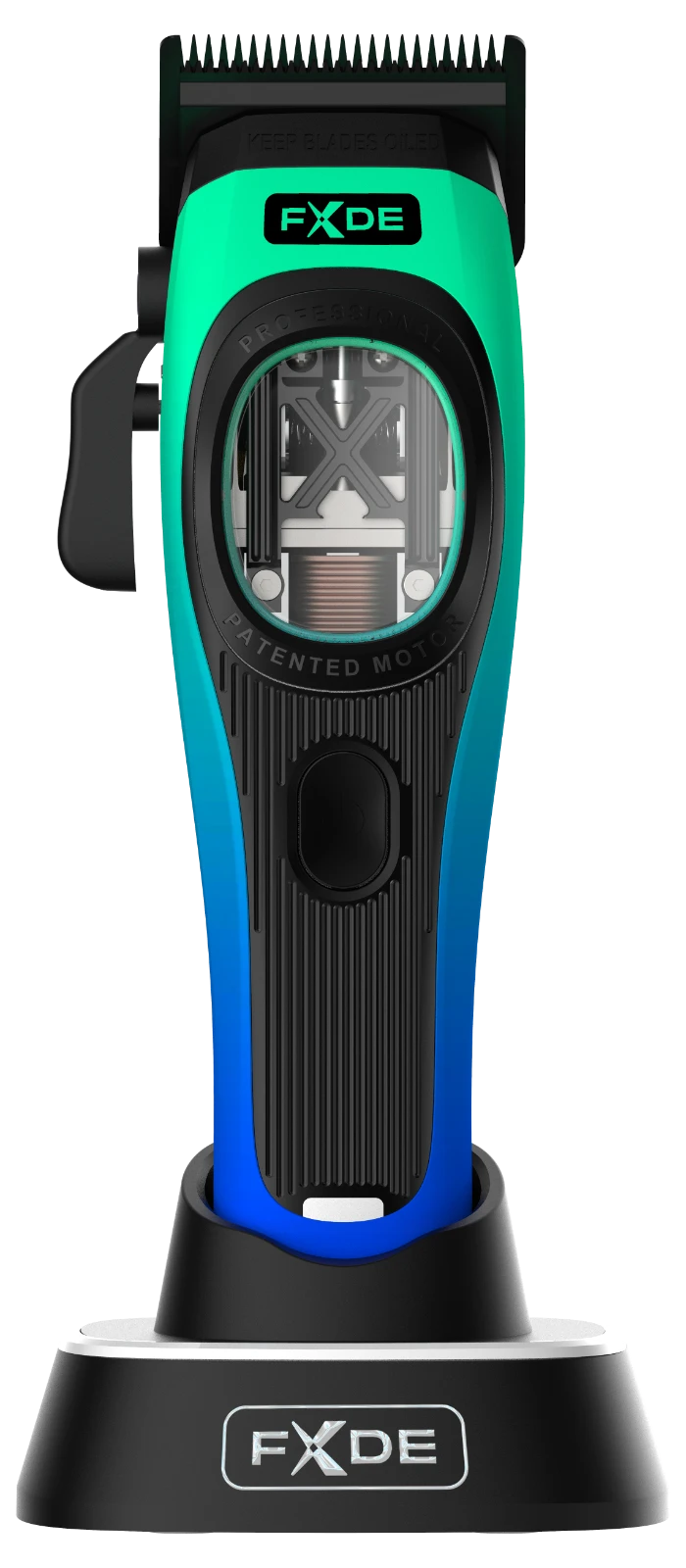 fxde-1780484274525-ce2oxj1fipo โ Rapple FXDE cordless hair trimmer on a black charging stand, teal-to-blue body visible with blades at the top