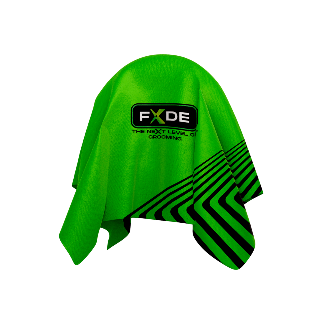 fxde-1780914776524-rs3th2syccm – Rapple FXDE grooming cape in lime green with black diagonal stripes and the FXDE logo