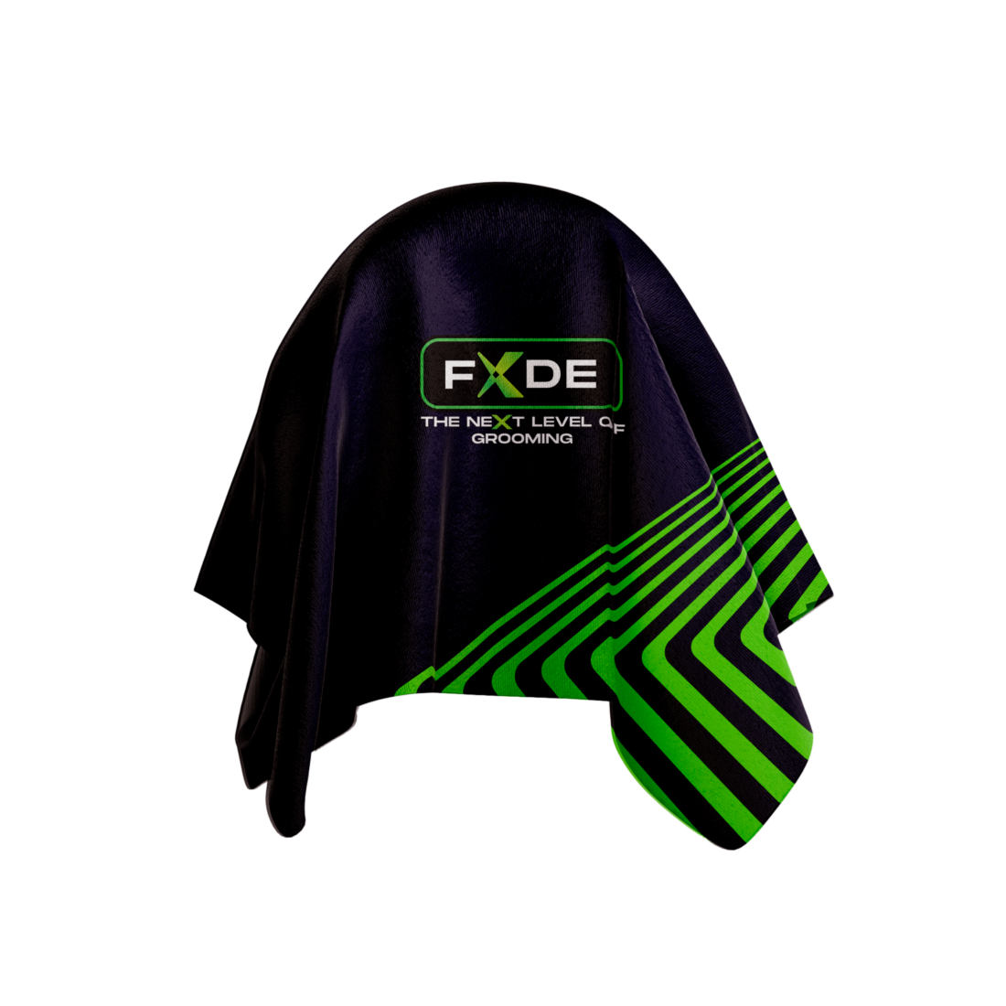 fxde-1780914792383-ymspzwhj3r – Rapple Black grooming cape with neon green diagonal stripes and FXDE logo, reading 'The next level of grooming' on dark fabric