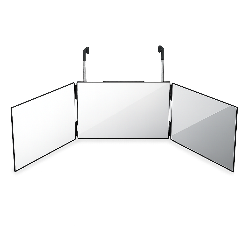 fxde-1780914807024-ivemmi4oh4jpng – Rapple Three-panel folding vanity mirror mounted to ceiling brackets, angled to reflect front and sides.