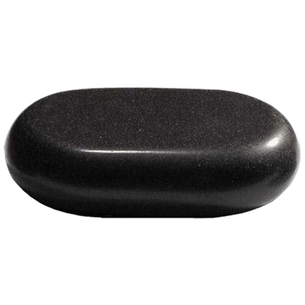 Polished black oval stone or pebble with a glossy finish, set against a dark background