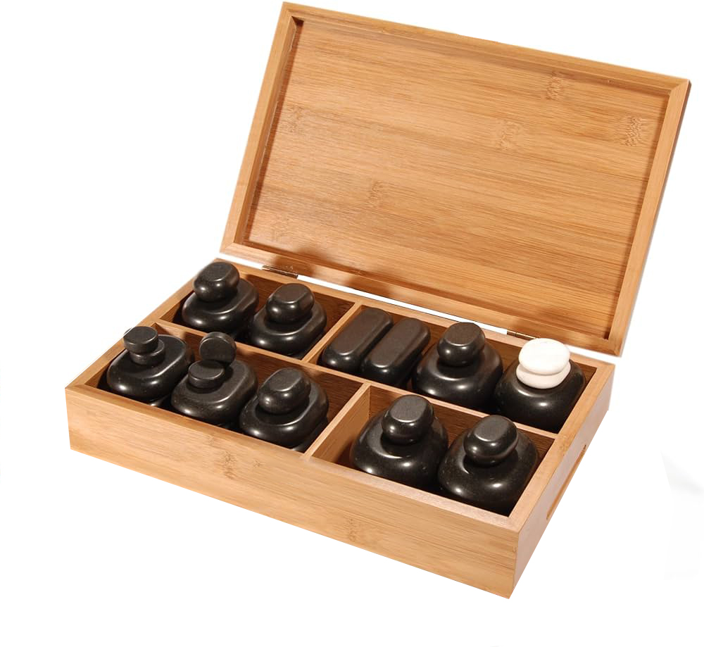 marbella_40_piece_hot_stone_massage_set_-2png โ Rapple Wooden storage box holding a set of black massage stones in individual compartments, with one white stone.