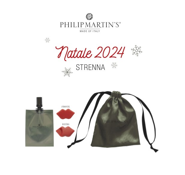 philip-martins-strenna-besame-2024 – Rapple Philip Martin's Strenna Besame 2024 gift set, showing the sachet, lip stickers and drawstring pouch
