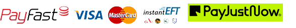 Payment methods we accept: PayFast, Visa, Mastercard, instant EFT