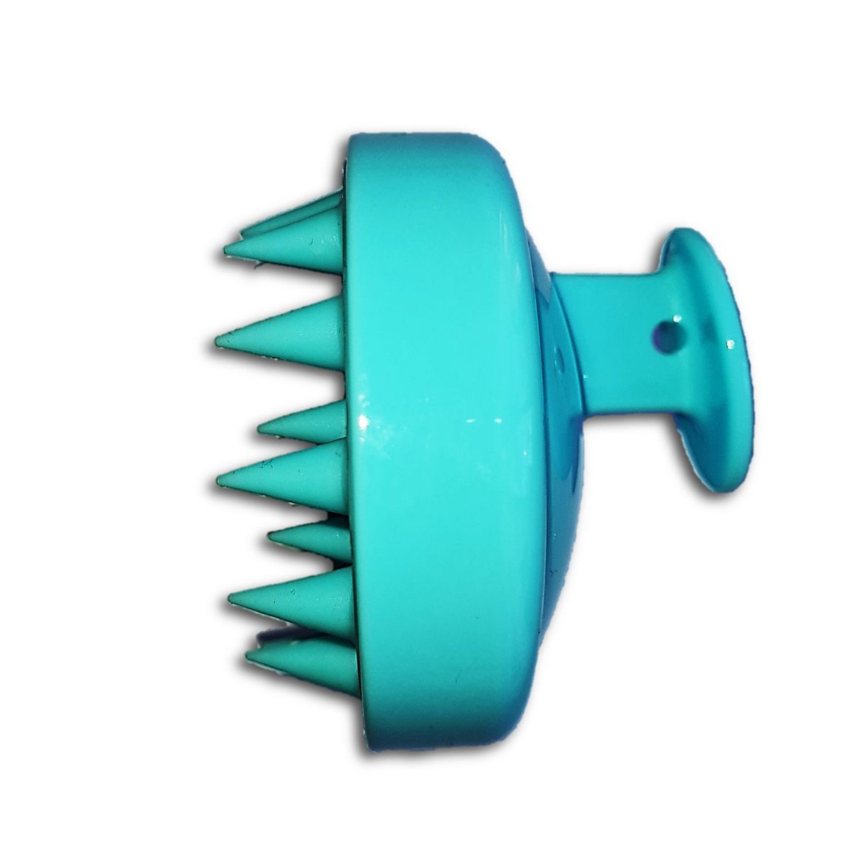 s-zo1omjpg – Rapple Turquoise handheld scalp massager with multiple cone-shaped silicone spikes, used for scalp massage